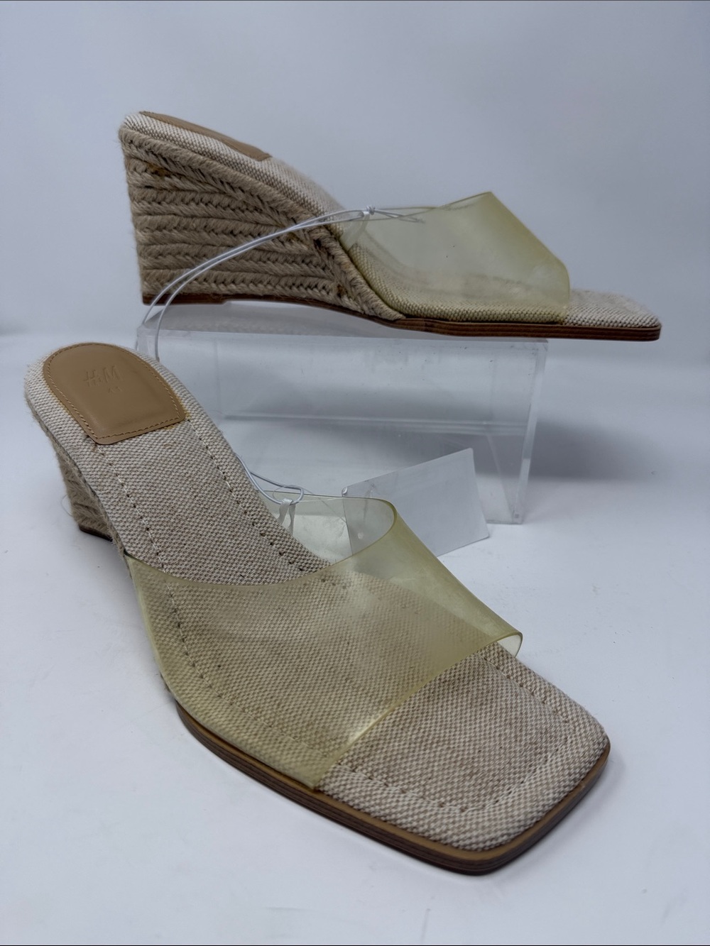 H&M Clear Transparent Vinyl Strap Espadrille Wedge Sandals Mules Beige 10